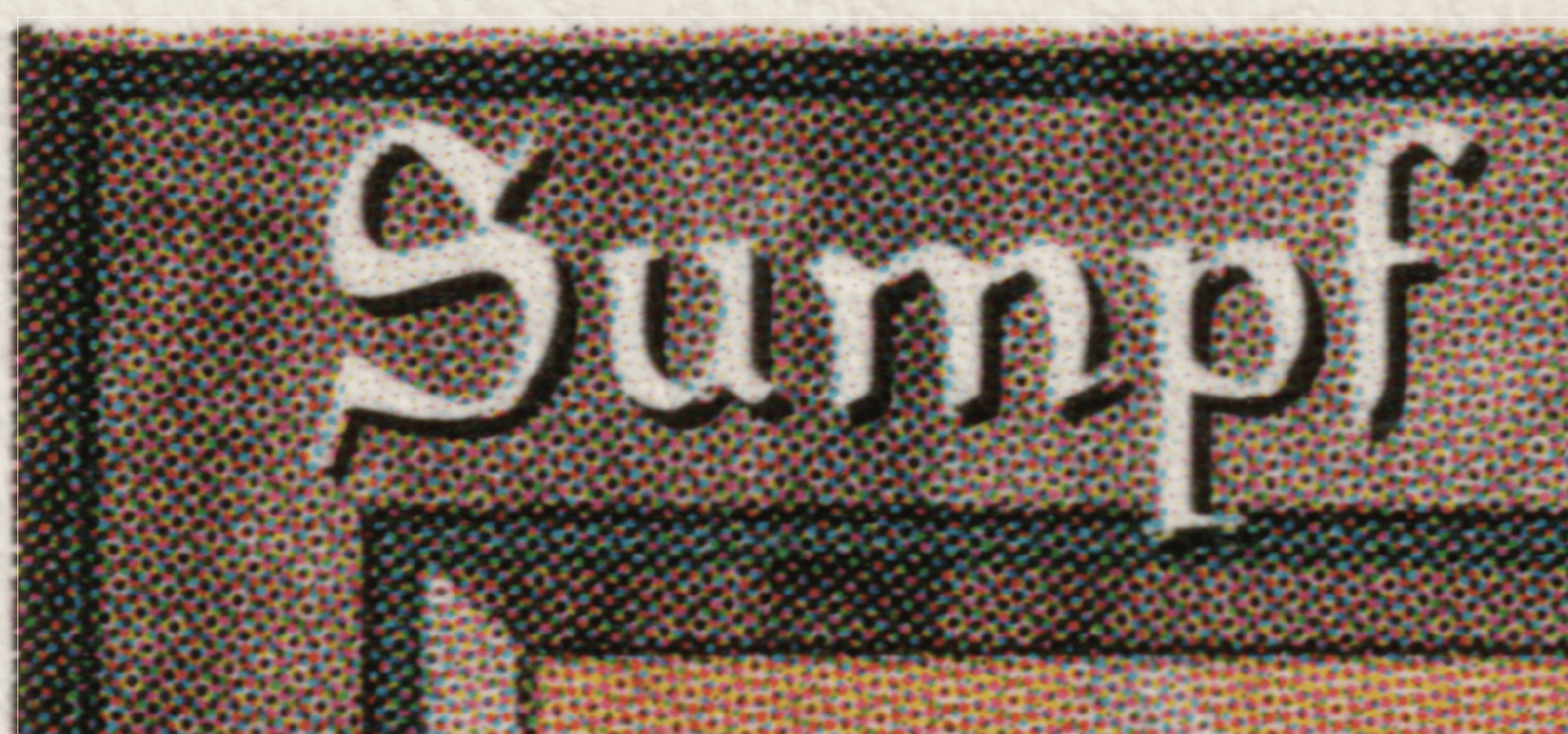 A highly magnified view of the top-left corner of a German Swamp card.