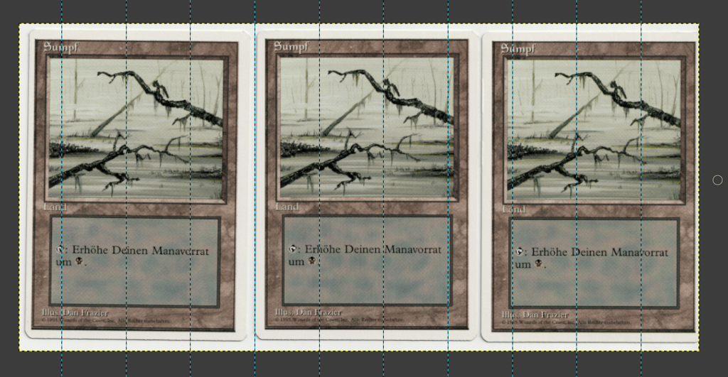 10 parallel lines running vertically through a row of 3 swamp cards